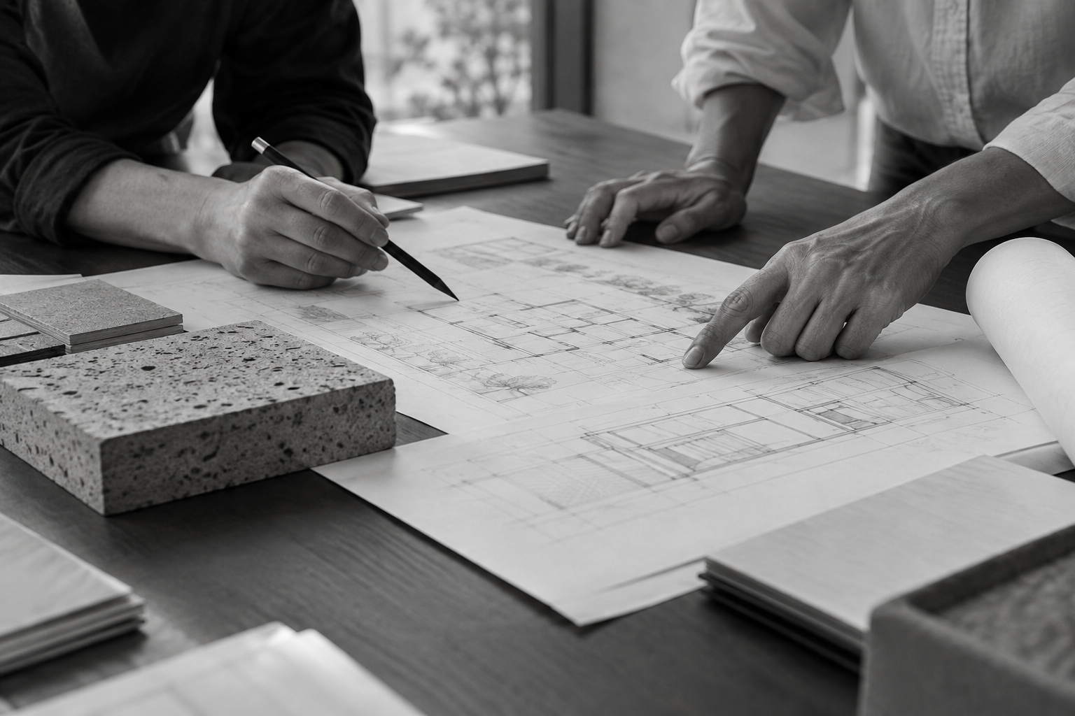 Revisión conceptual de planos y materiales sobre una mesa de trabajo